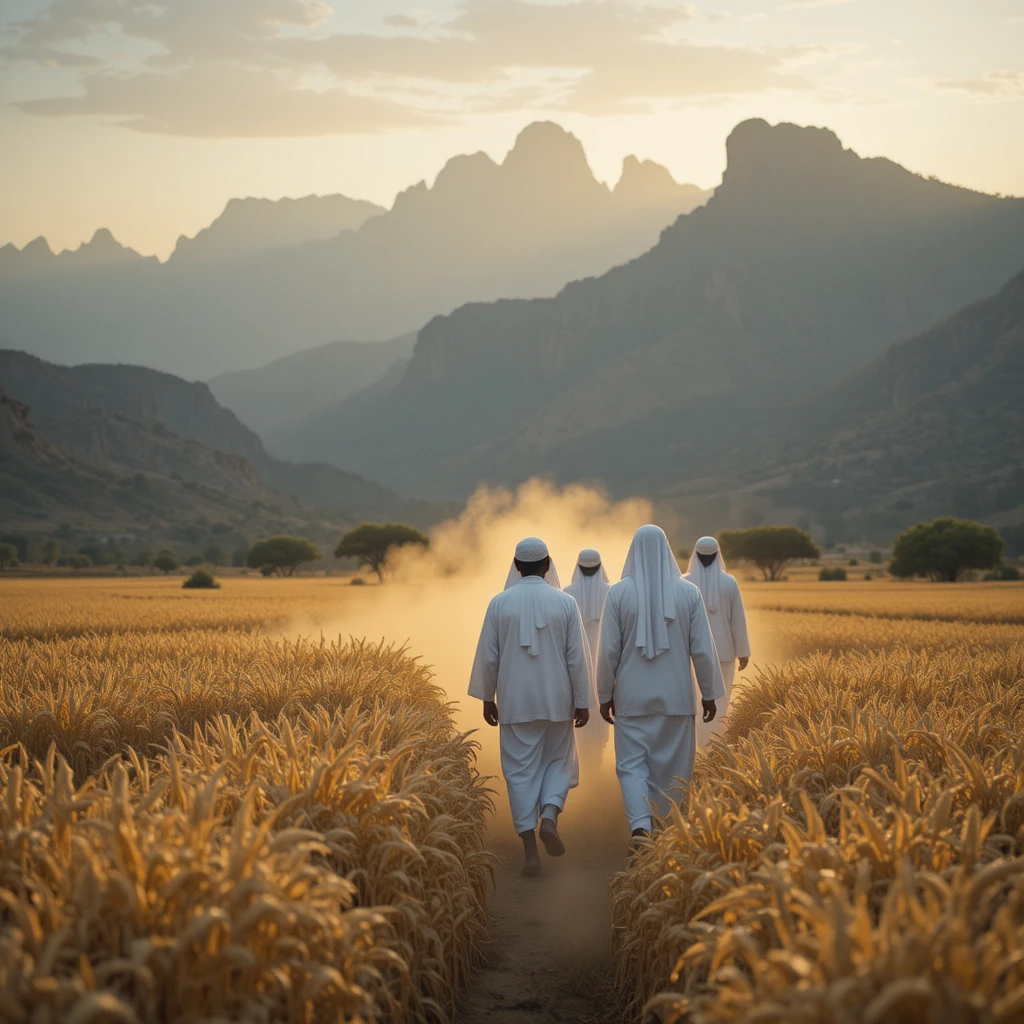 Contadini etiopi che camminano tra campi dorati di teff all’alba