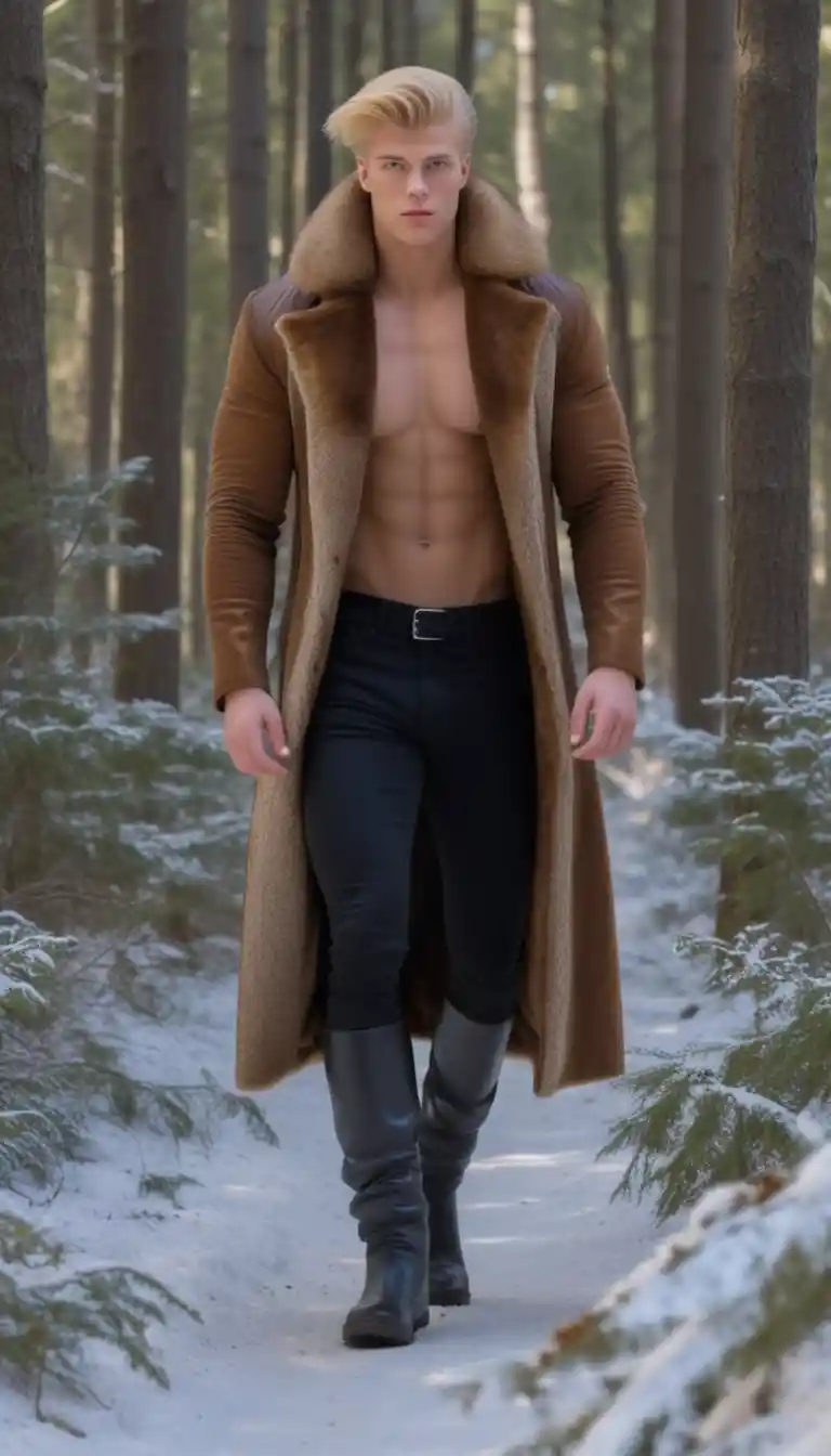 Garçon blond en manteau de fourrure marchant dans une forêt en hiver