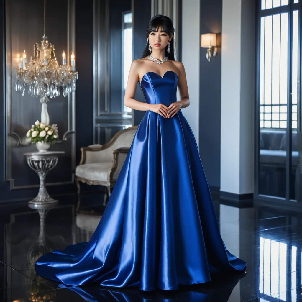 Elegante mulher japonesa em vestido de cetim azul-real