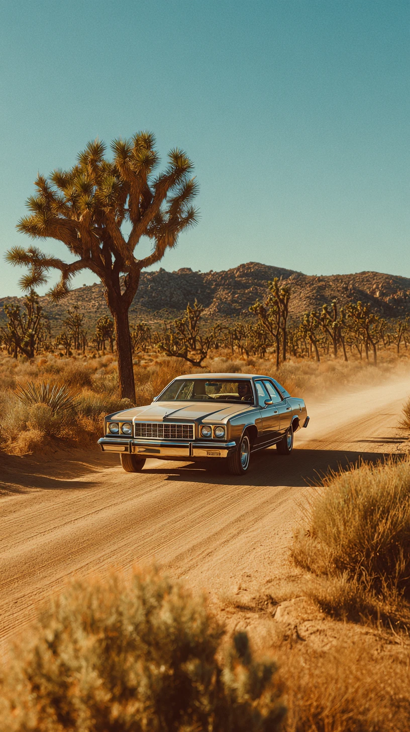 Classic sedan driving along a quiet Mojave desert road