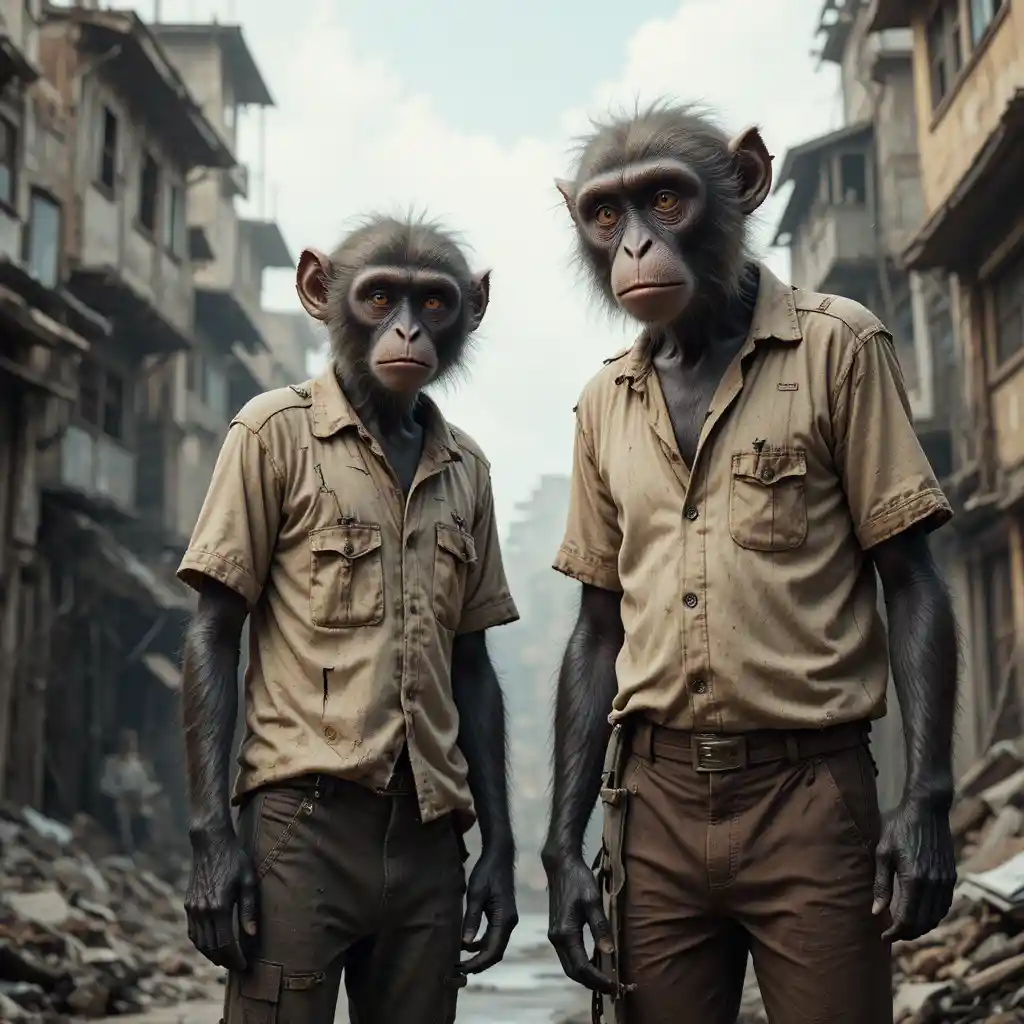 Monkey family in worn clothes beside urban slum buildings