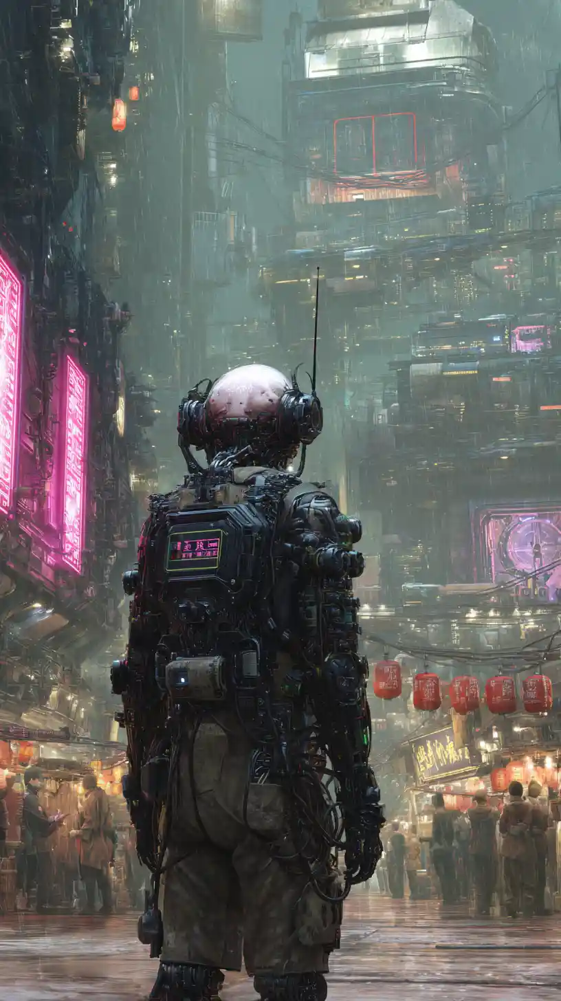Menacing cyberpunk cyborg in dark futuristic armor