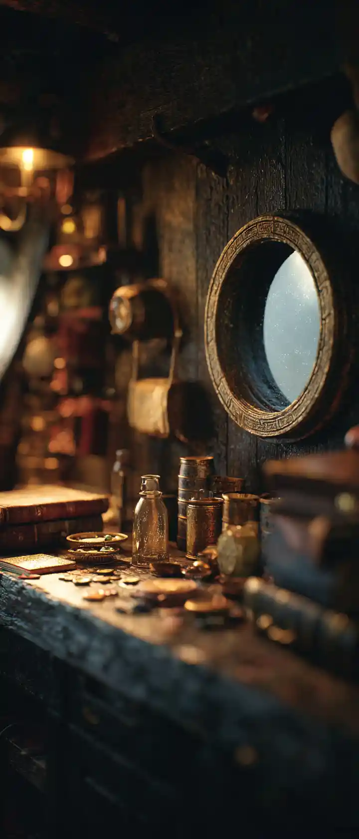 Dim Pirate Ship Cabin Filled With Dusty Nautical Relics
