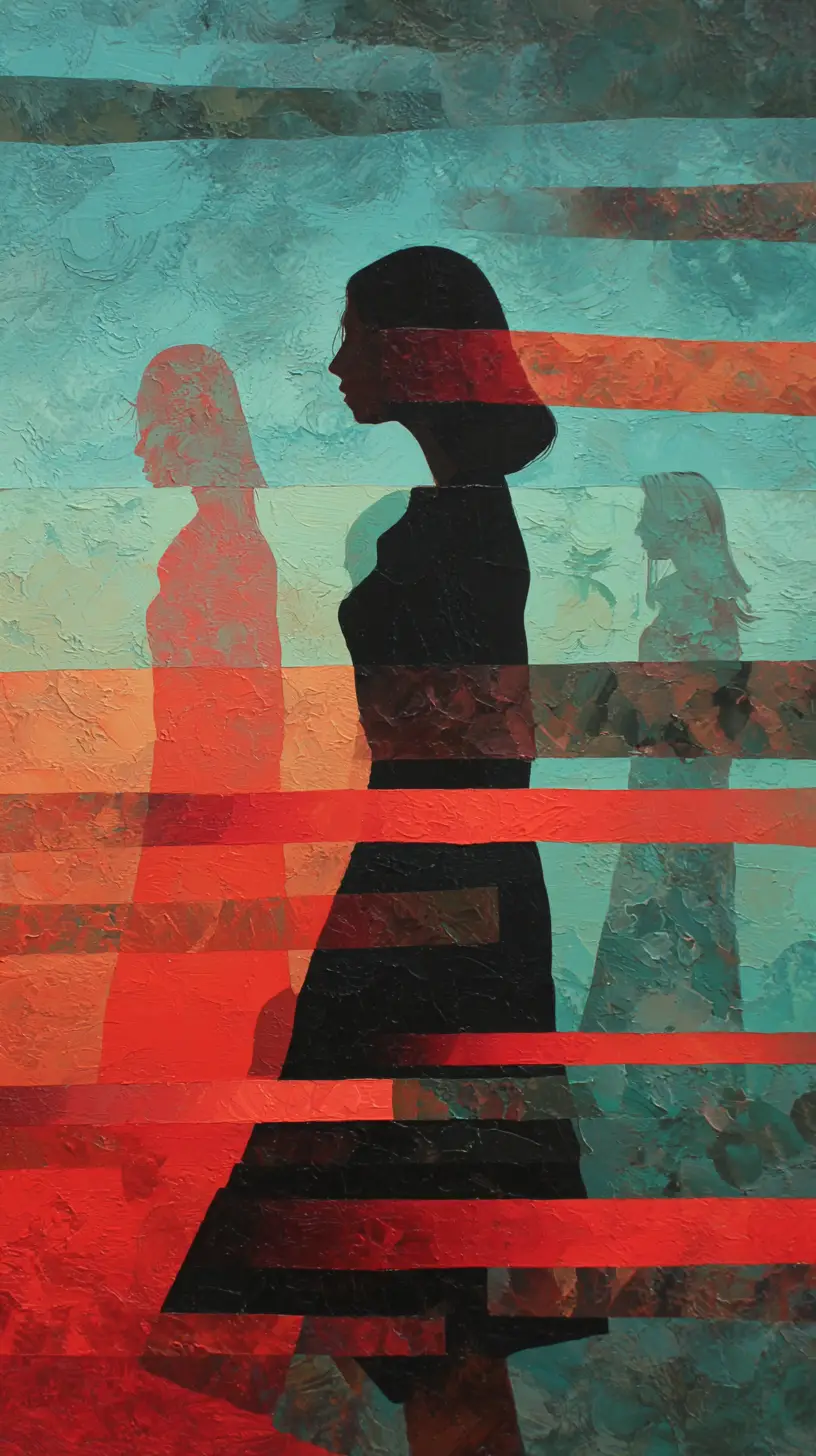 Layered curvy female silhouette in glitch strip fragments