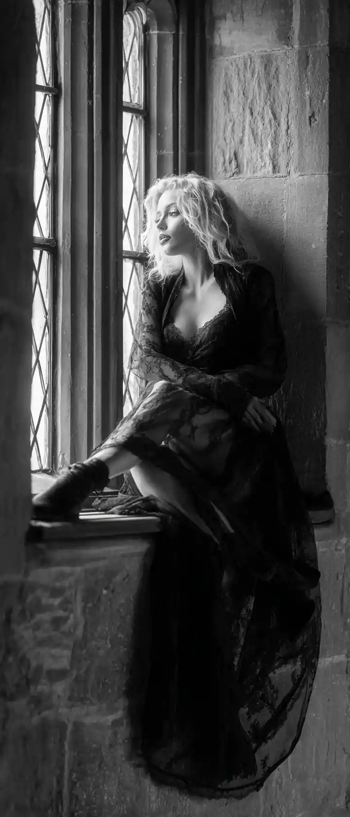 Gothic princess climbing through a moonlit castle window
