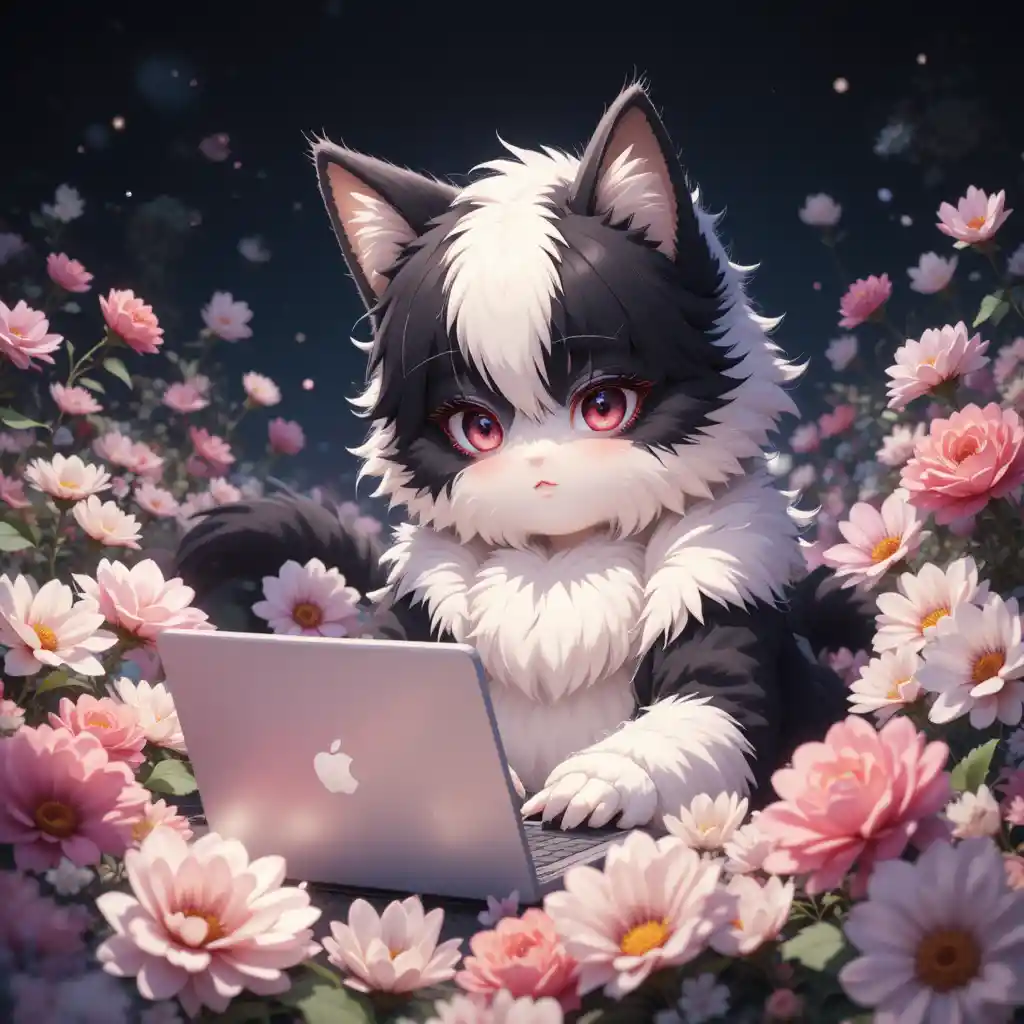 Gato de anime esponjoso jugando con un portátil entre flores