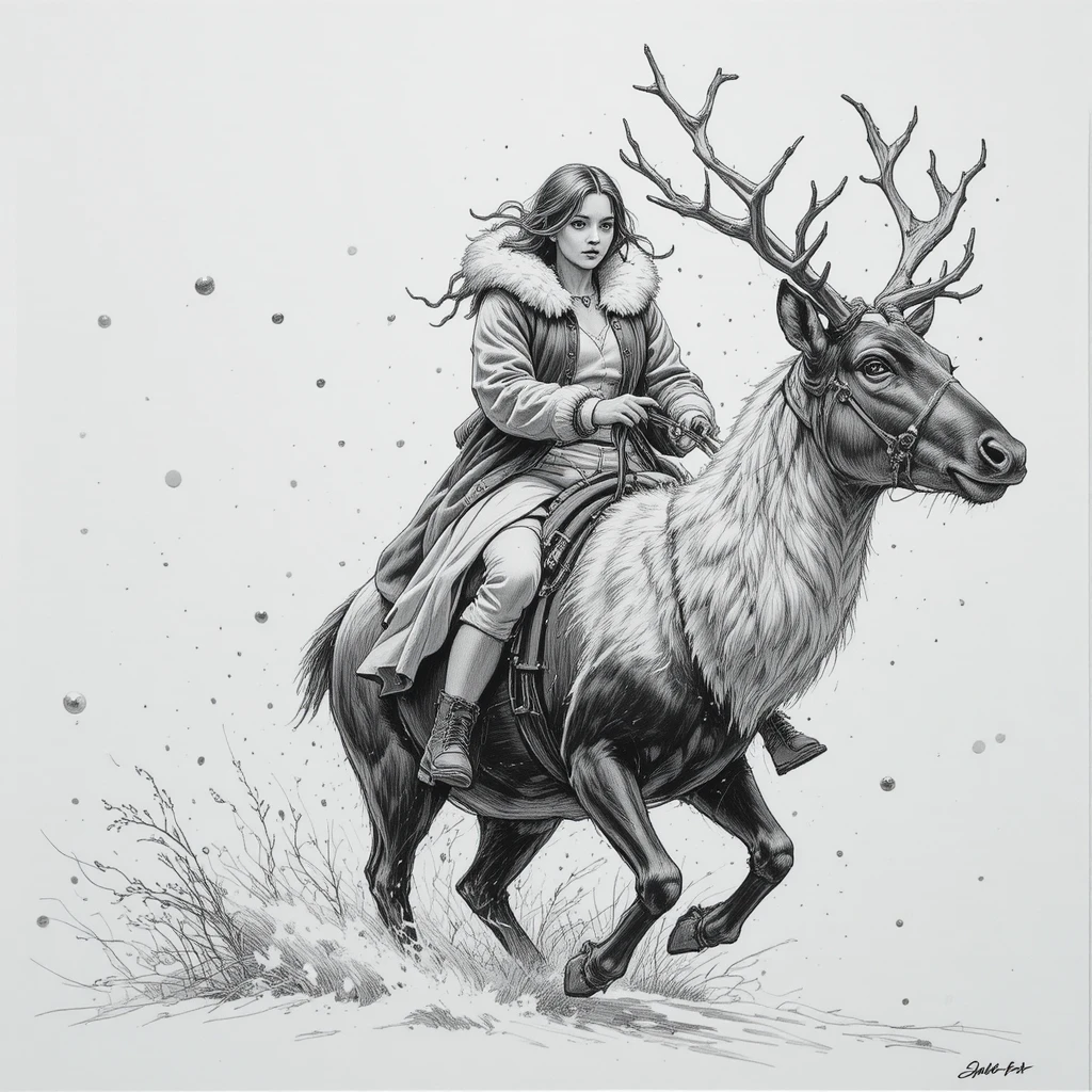 Fille chevauchant un renne magique à travers une violente tempête de neige