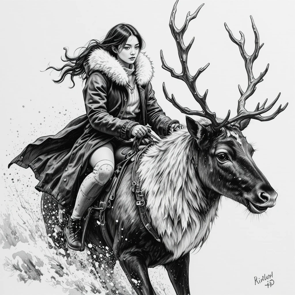 Mädchen reitet auf einem magischen Rentier durch einen tobenden Schneesturm