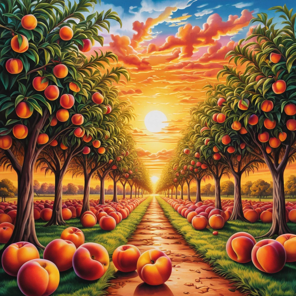 Surrealer Sonnenaufgangs-Obstgarten mit Nektarinenbäumen in Sommerfarben