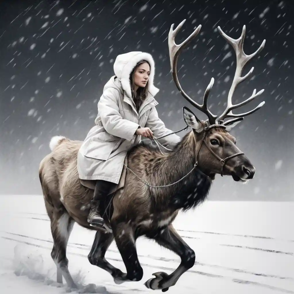 Niña Montando un Reno Mágico en Plena Tormenta de Nieve