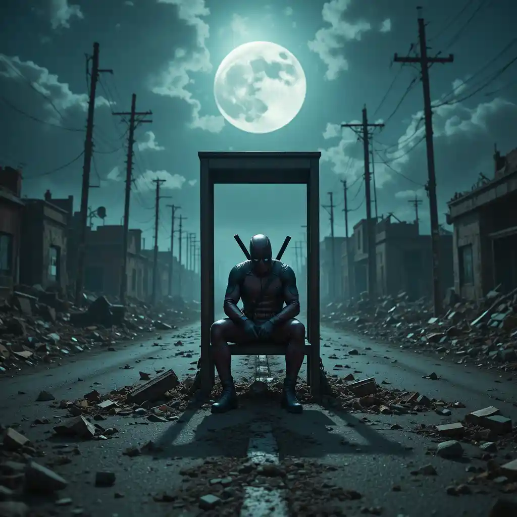 Superhero Sitting Alone On A Chair In Ruined Street
