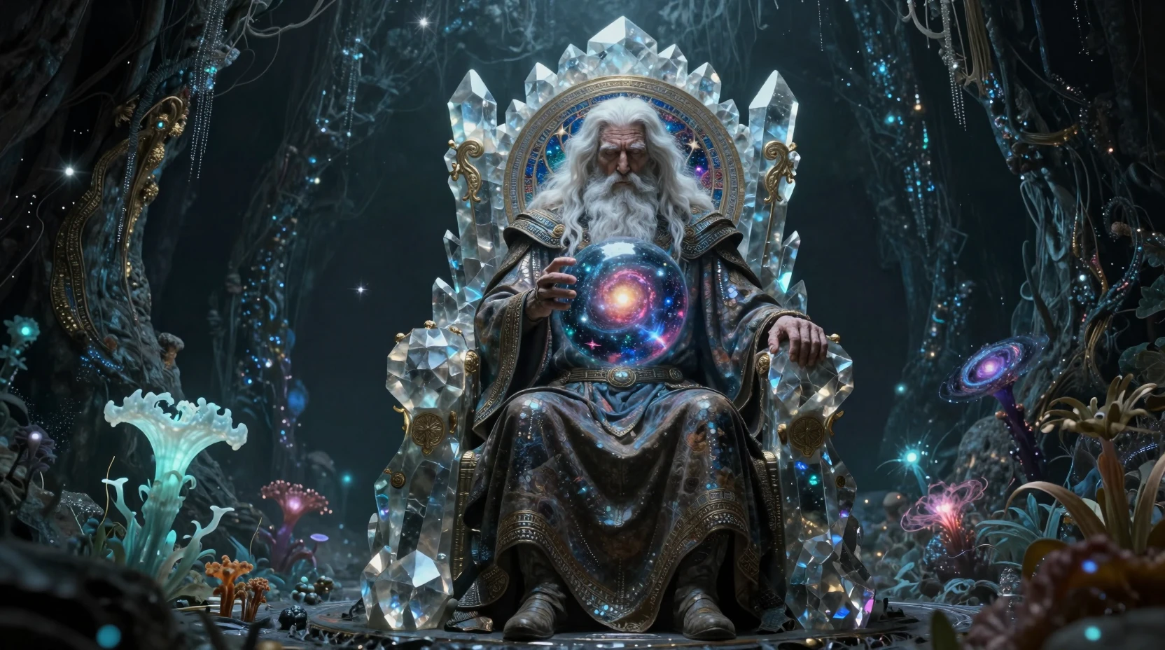 Ancient bearded man on crystal throne holding cosmic orb