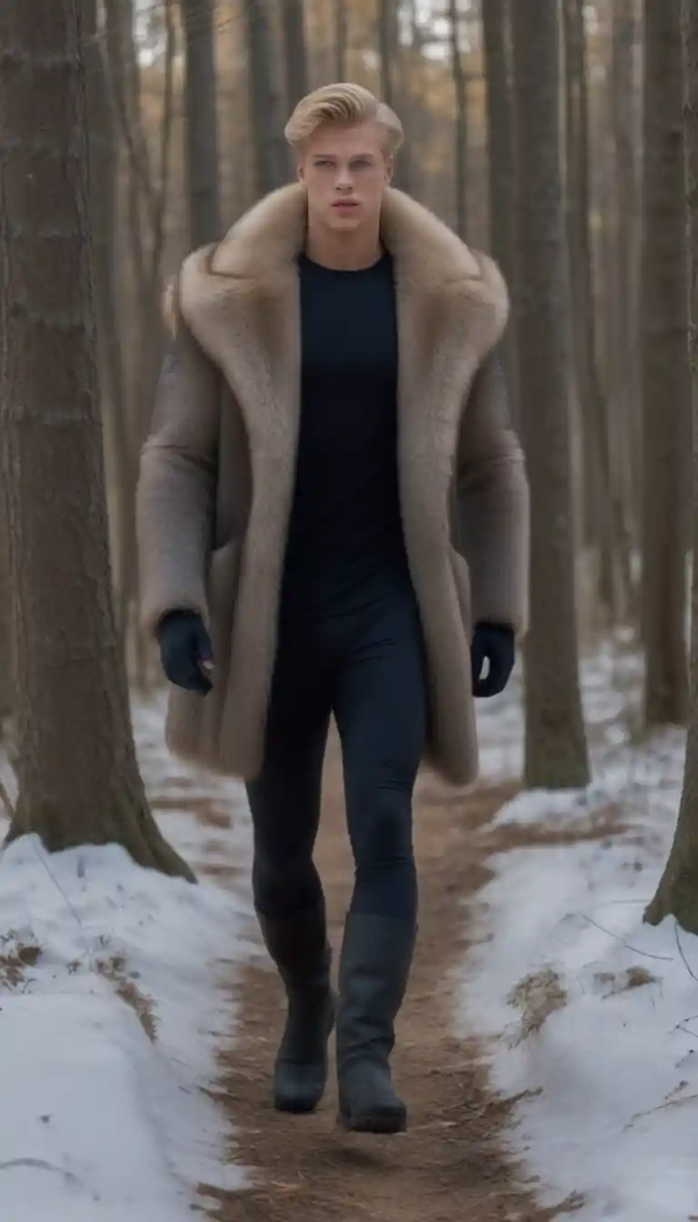Blonder Teenager im Pelzmantel geht durch den Winterwald