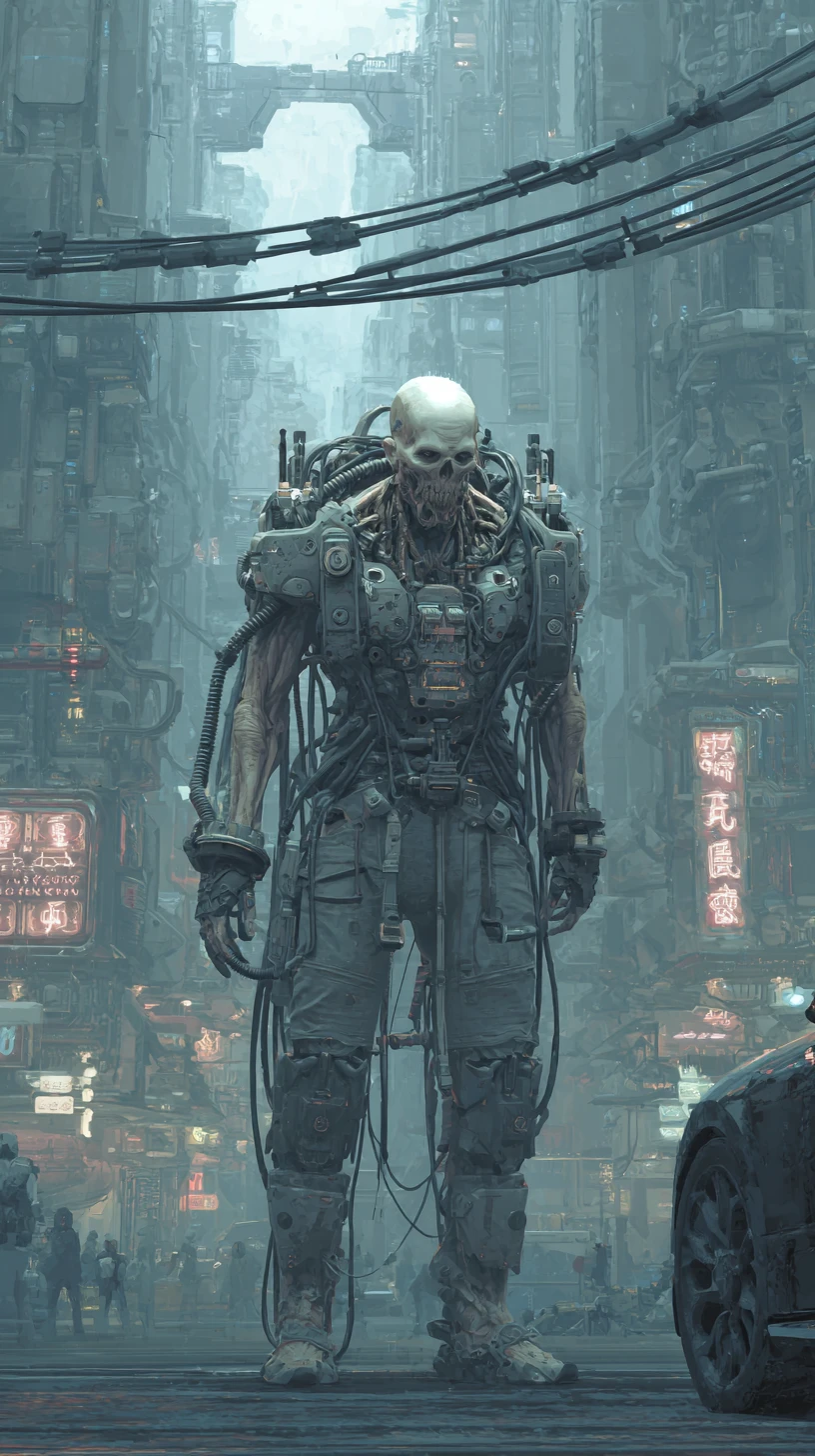 Full body cyberpunk cyborg zombie in tactical armor