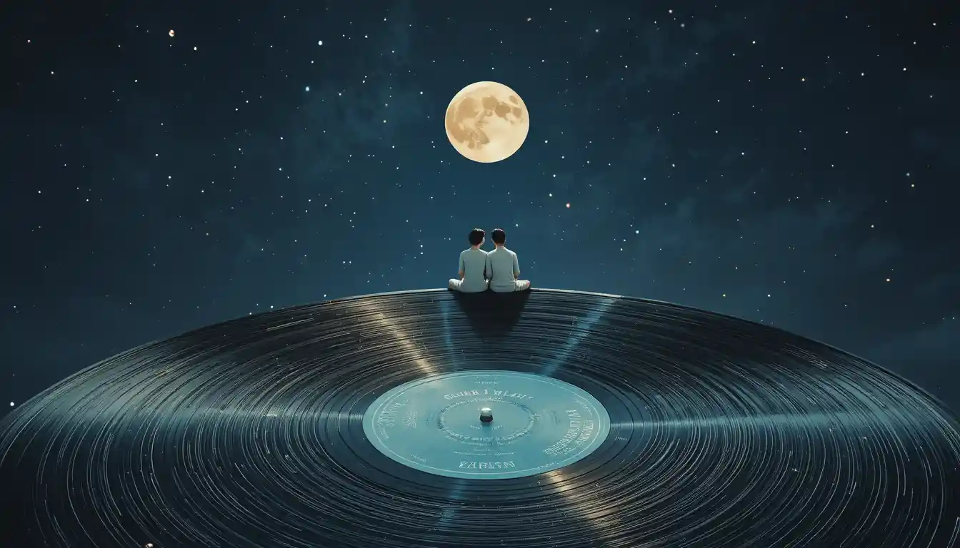 Couple Sitting On Vinyl Record Under Starry Moonlit Sky
