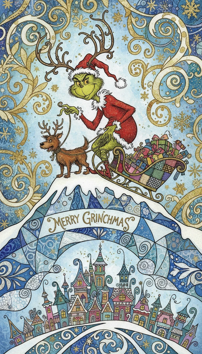 Grüne Grinch-Figur auf schneebedecktem Gipfel über festlicher Stadt