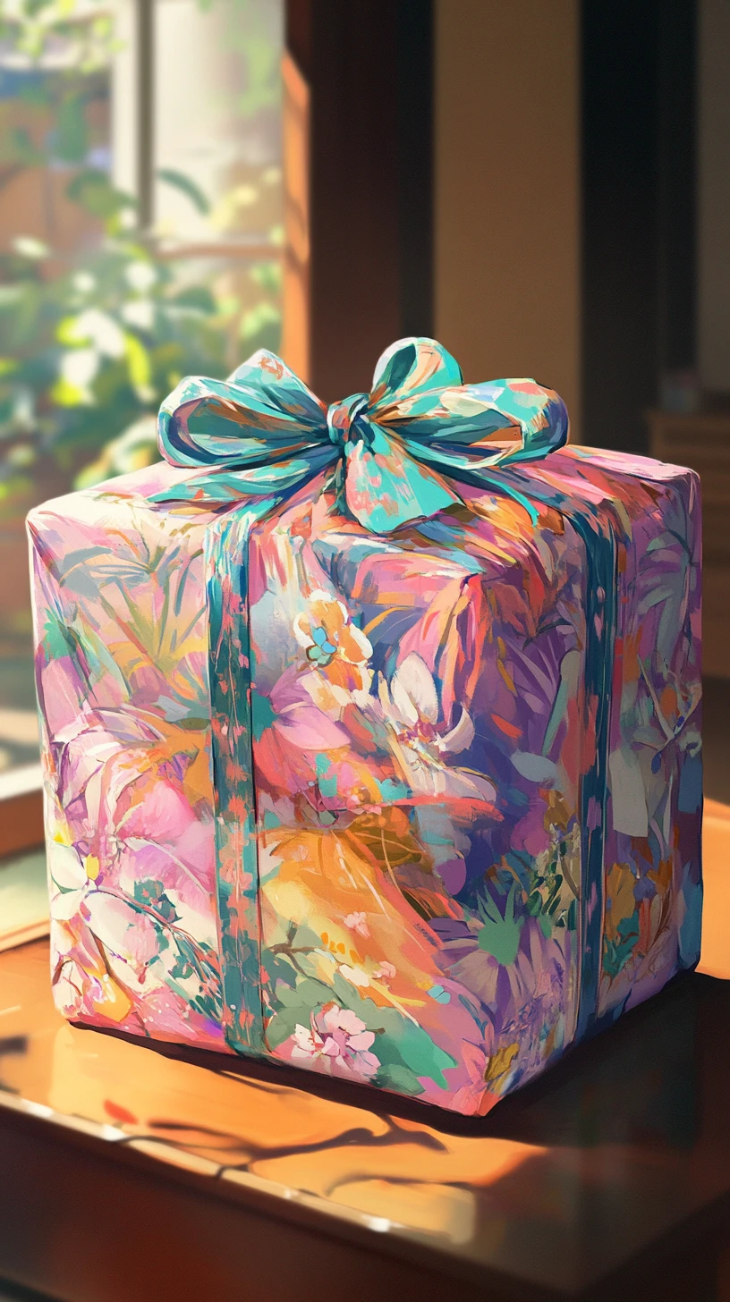 Colorful gift box with a thin uneven decorative bow