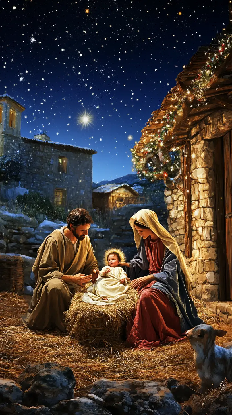 Santa Famiglia riunita in una stalla nella notte di Natale
