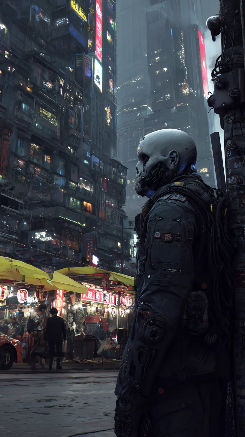Cyborg-Krieger in taktischer Rüstung in dunkler Cyberpunk-Straße