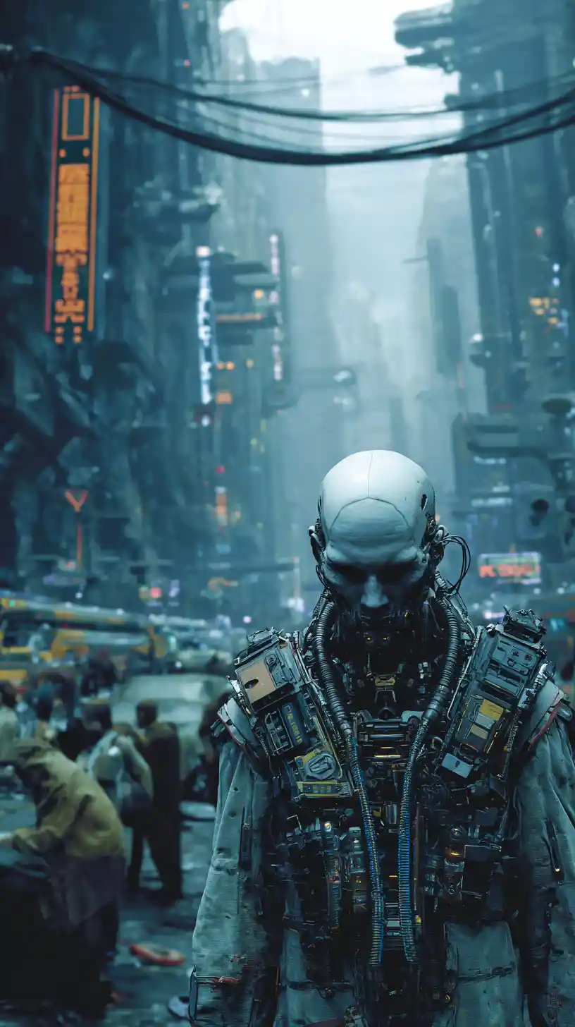 Menacing cyberpunk cyborg in heavy tactical armor