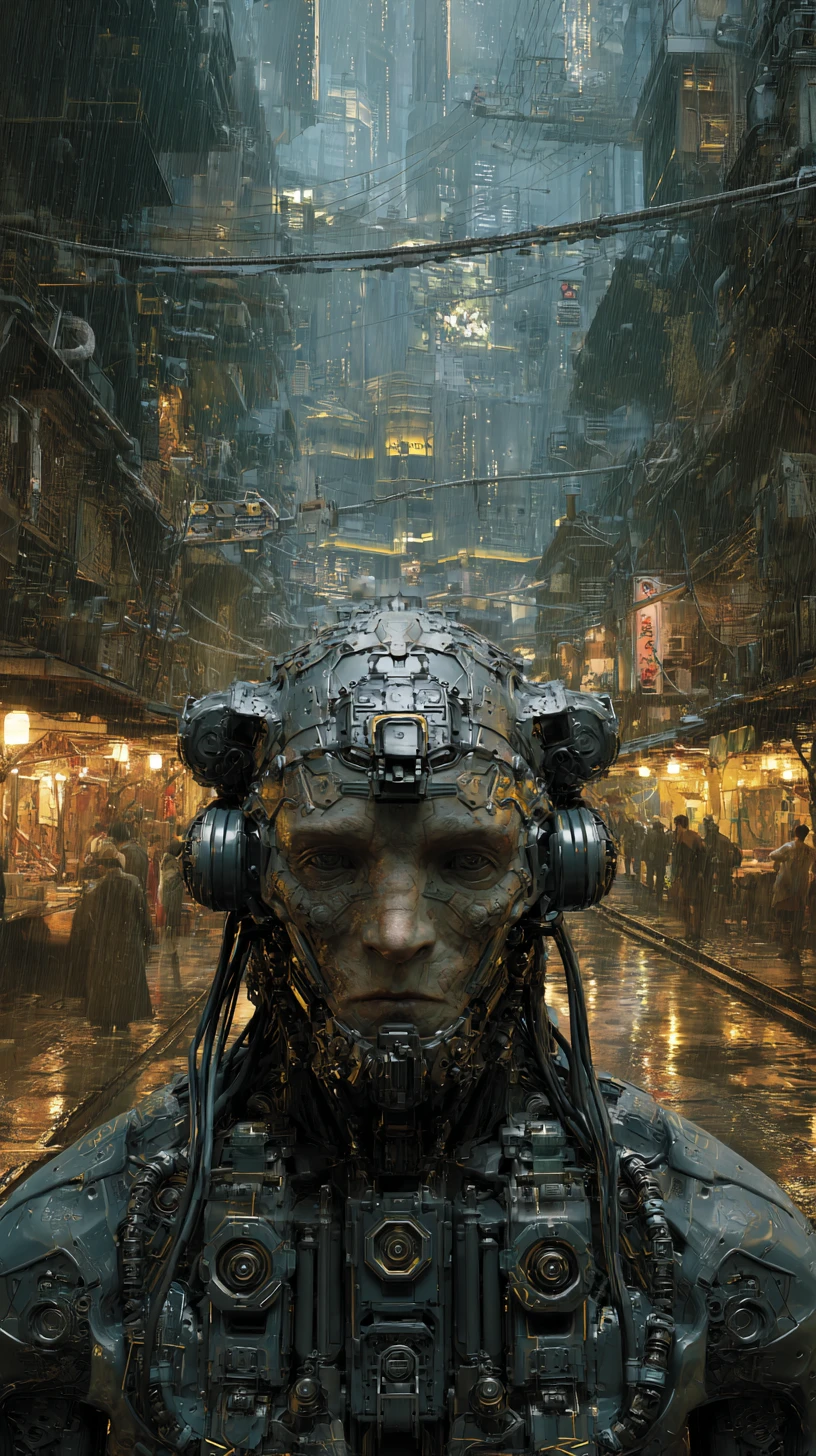Menacing humanoid cyborg in heavy tactical armor front view
