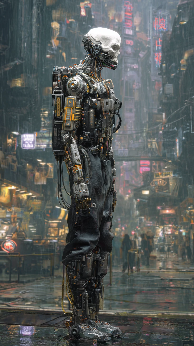 Full body cyborg in heavy armor in cyberpunk street