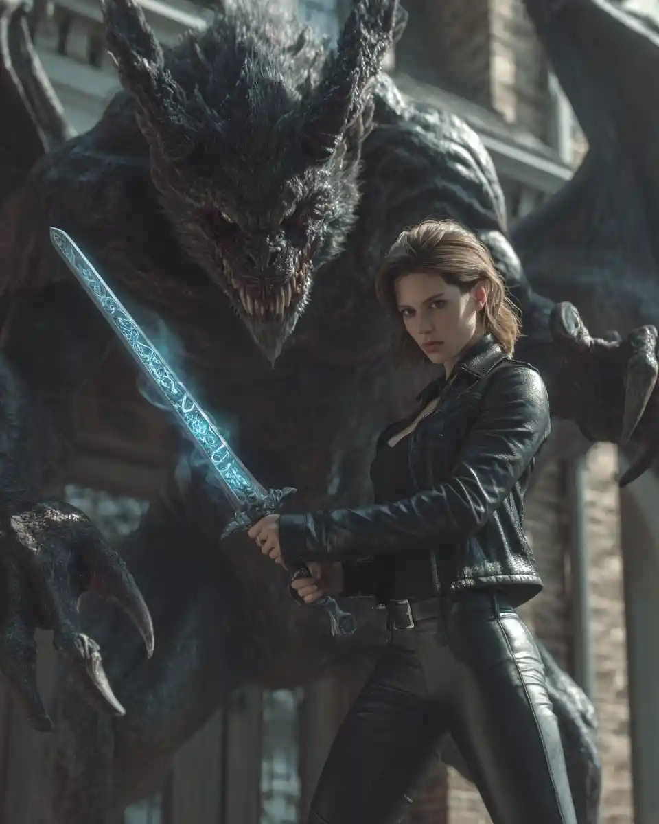 Demon hunter woman with glowing dagger in victorian hall