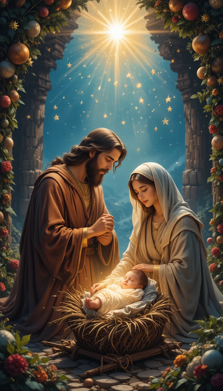 Gloriosa scena della Natività di Gesù con Maria e Giuseppe