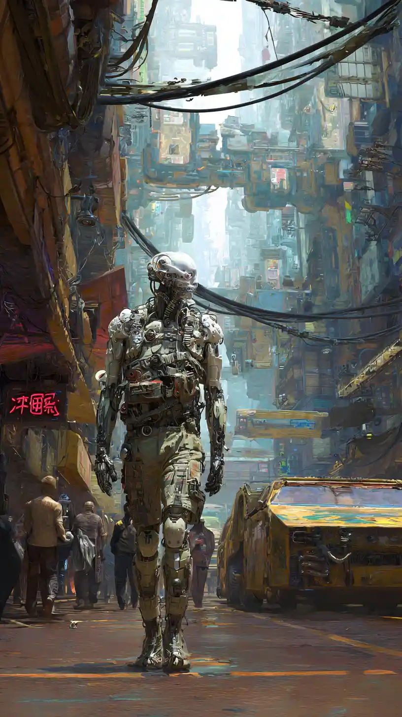 Menacing cyborg in tactical armor standing in dark city street