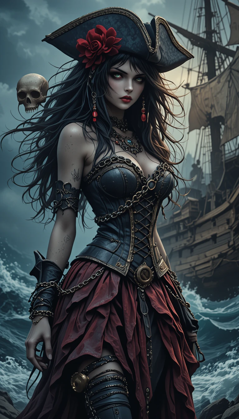 Piratenkapitänin hält einen Schädel auf einem sturmgepeitschten Deck