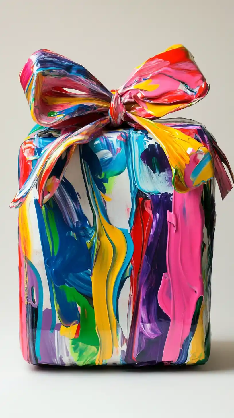 Colorful gift box with thin uneven bow painting