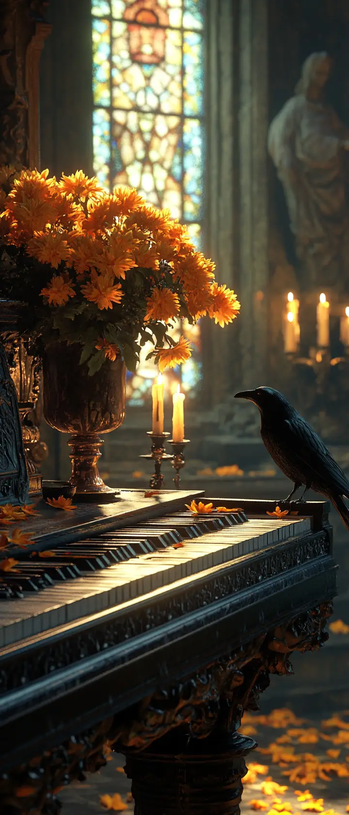 Piano In A Dim Office With Candles And Flowers