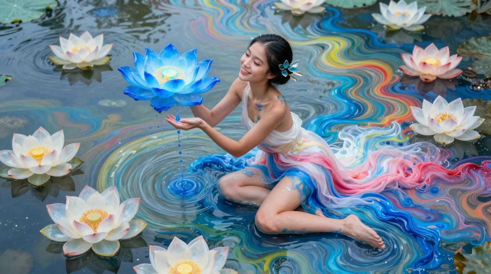 Thai river fairy girl kneeling among glowing watercolor lotuses