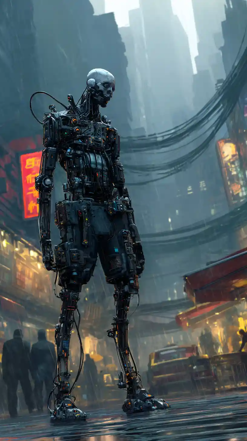 Cyberpunk humanoid cyborg in heavy tactical armor