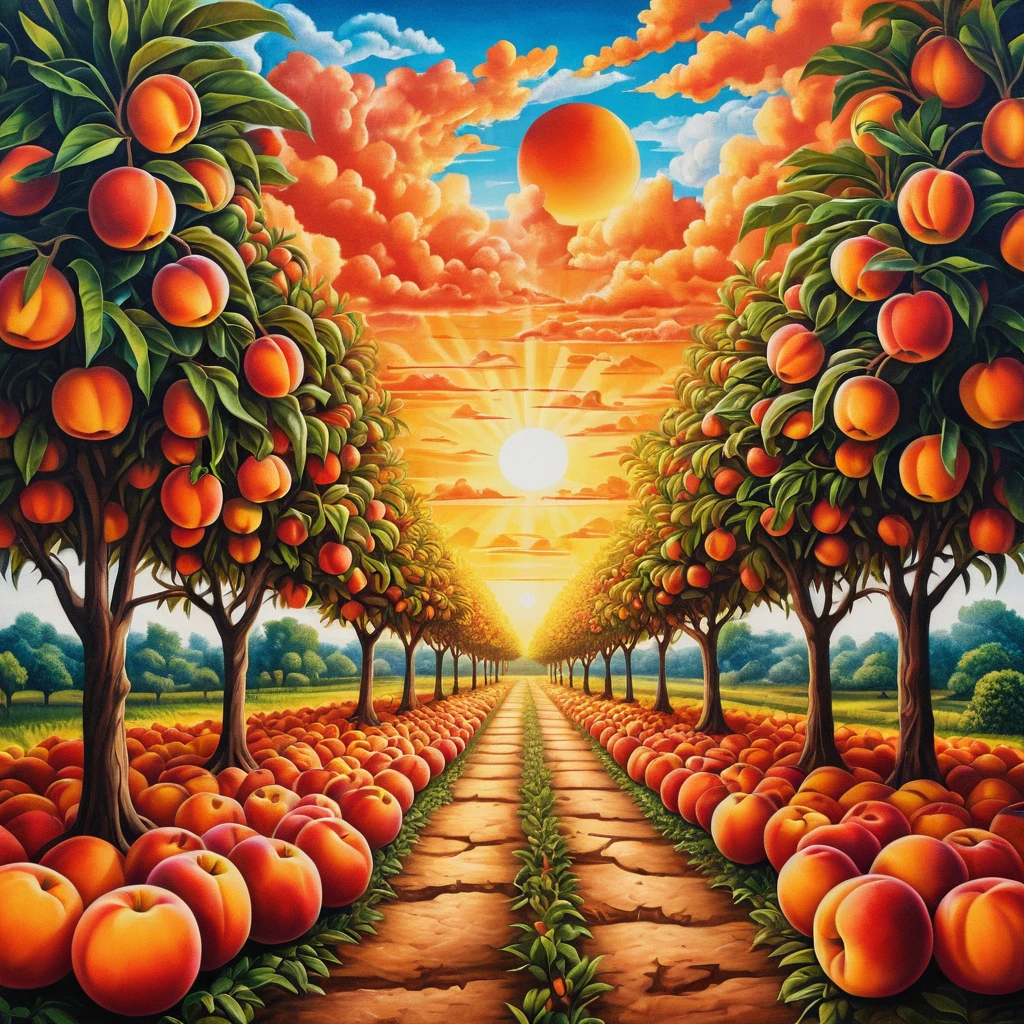 Frutteto surreale all’alba con nettarine su carta lucida