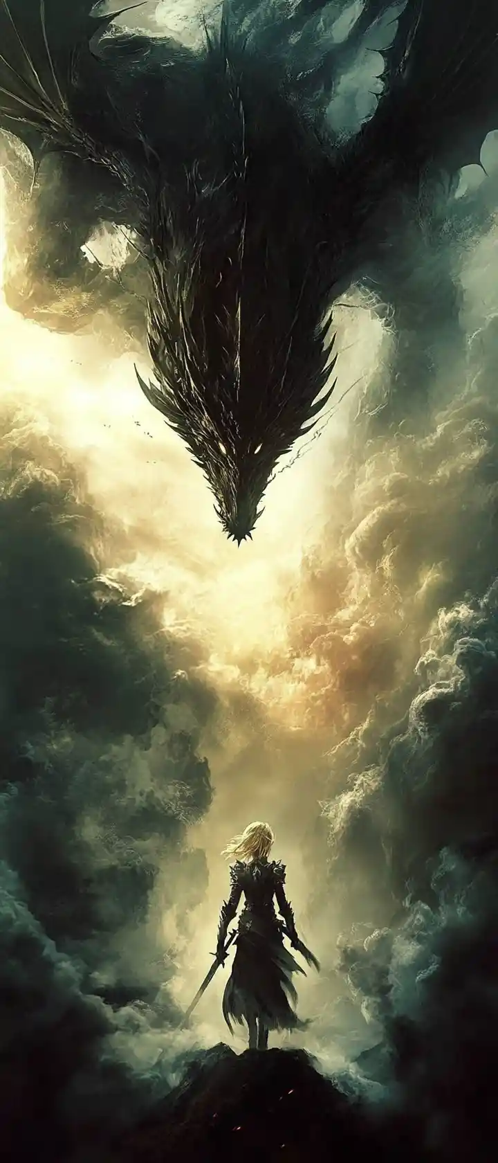 Fille en armure chevauchant un dragon à travers des nuages en flammes