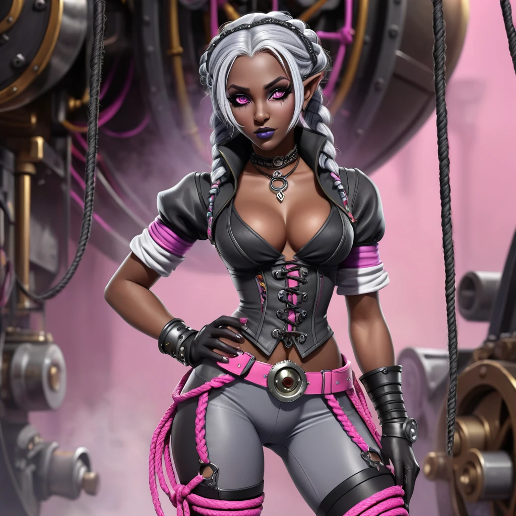 Colorful fantasy drow woman in a steampunk city scene