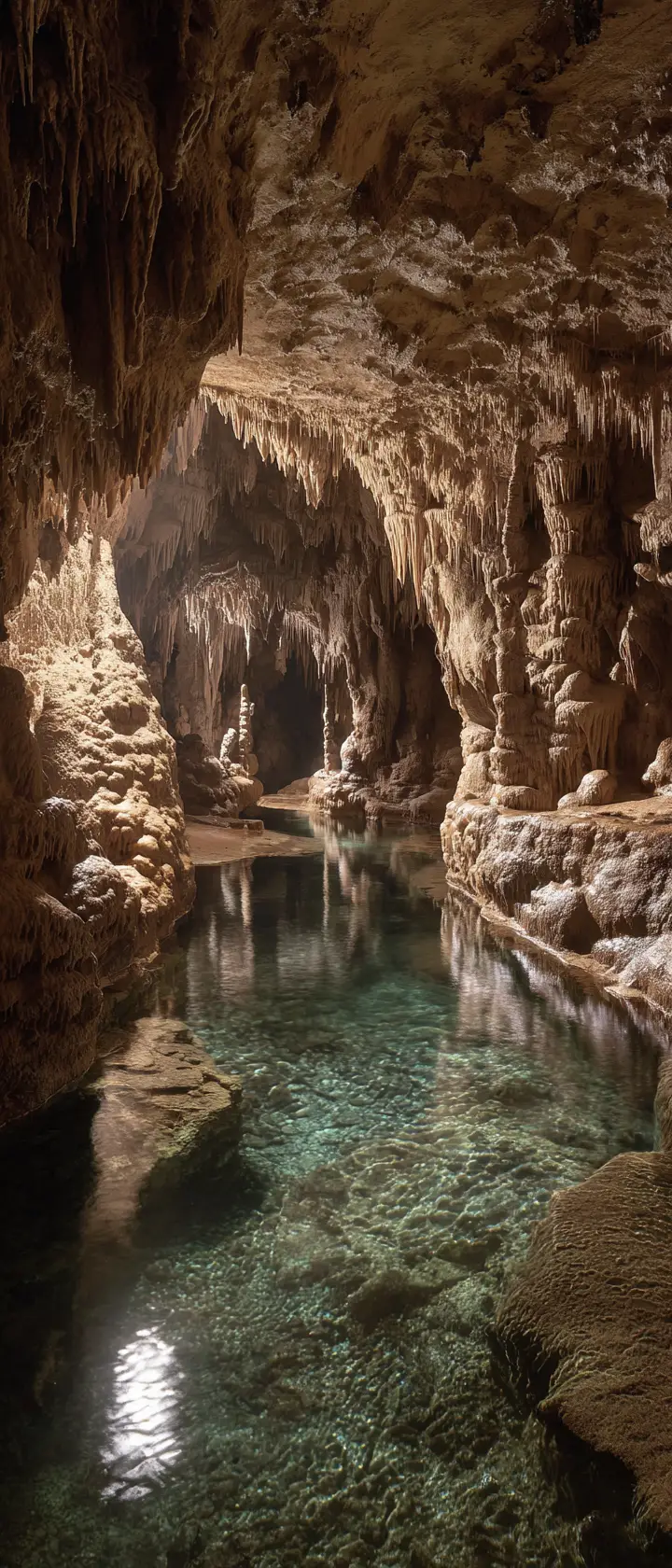 Ancient stalactites above a tranquil underground river
