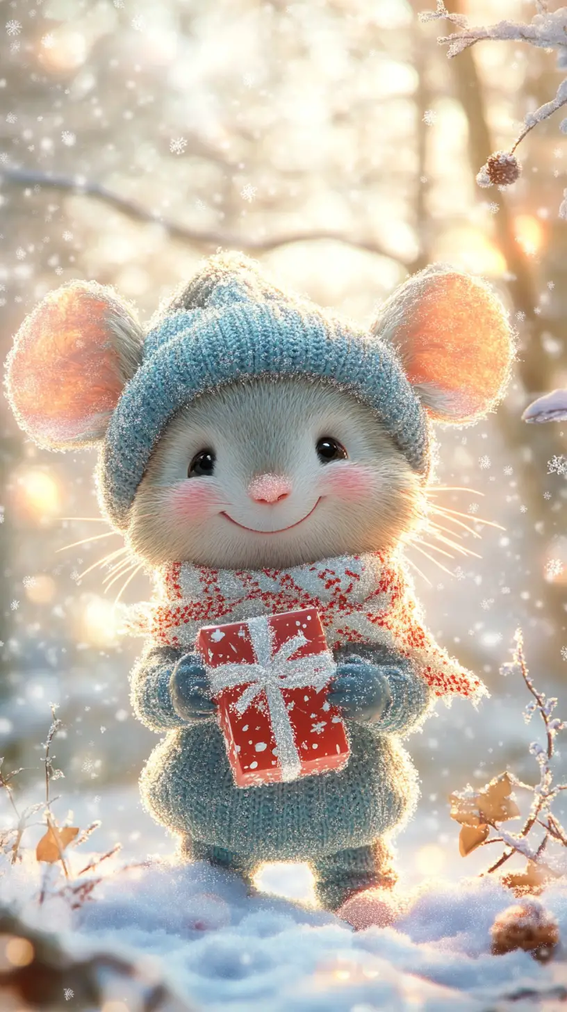 Cute winter mouse with gift in snowy forest
