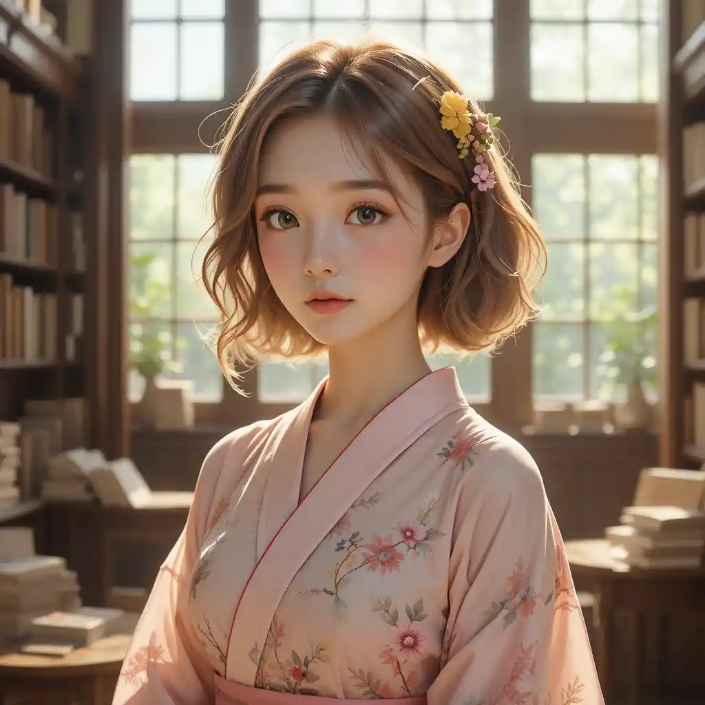 Ragazza anime in kimono floreale in una biblioteca accogliente