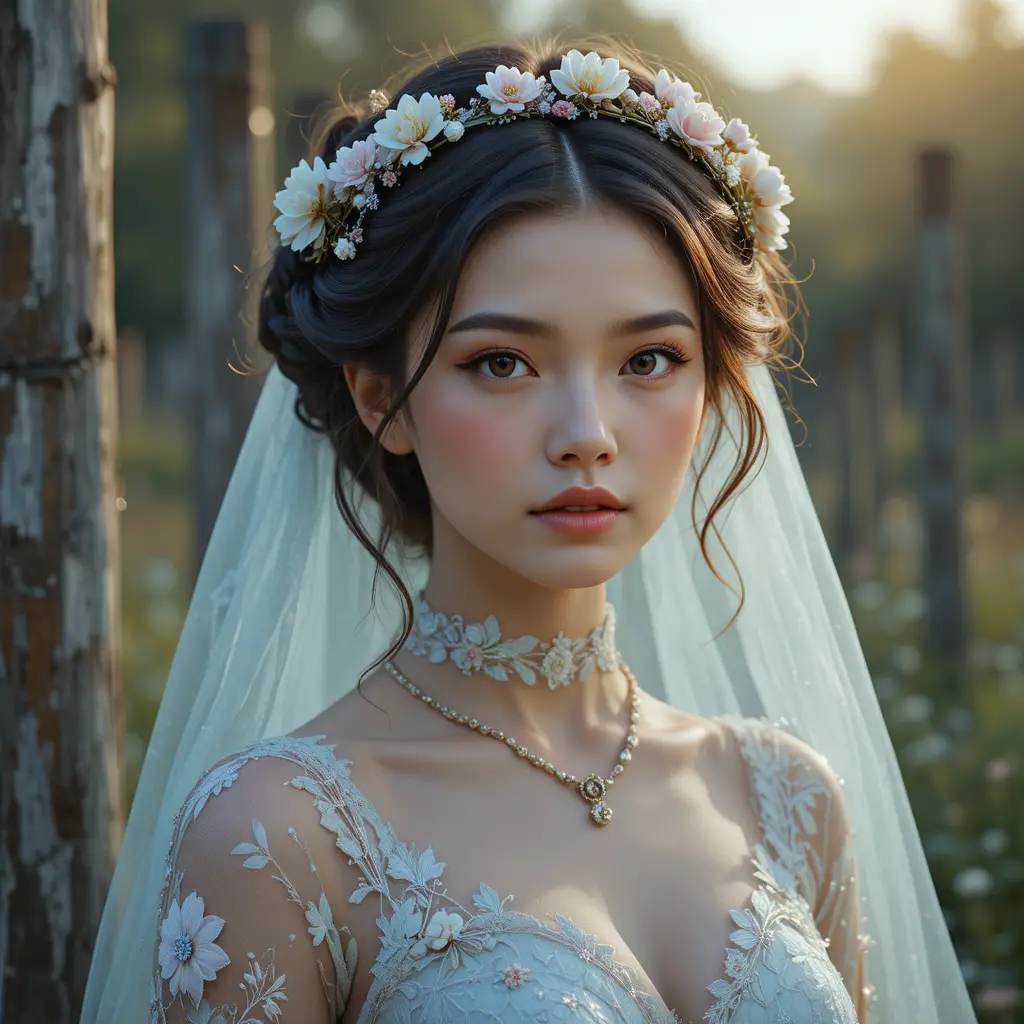 Ethereal young woman in floral crown and sheer embroidered dress