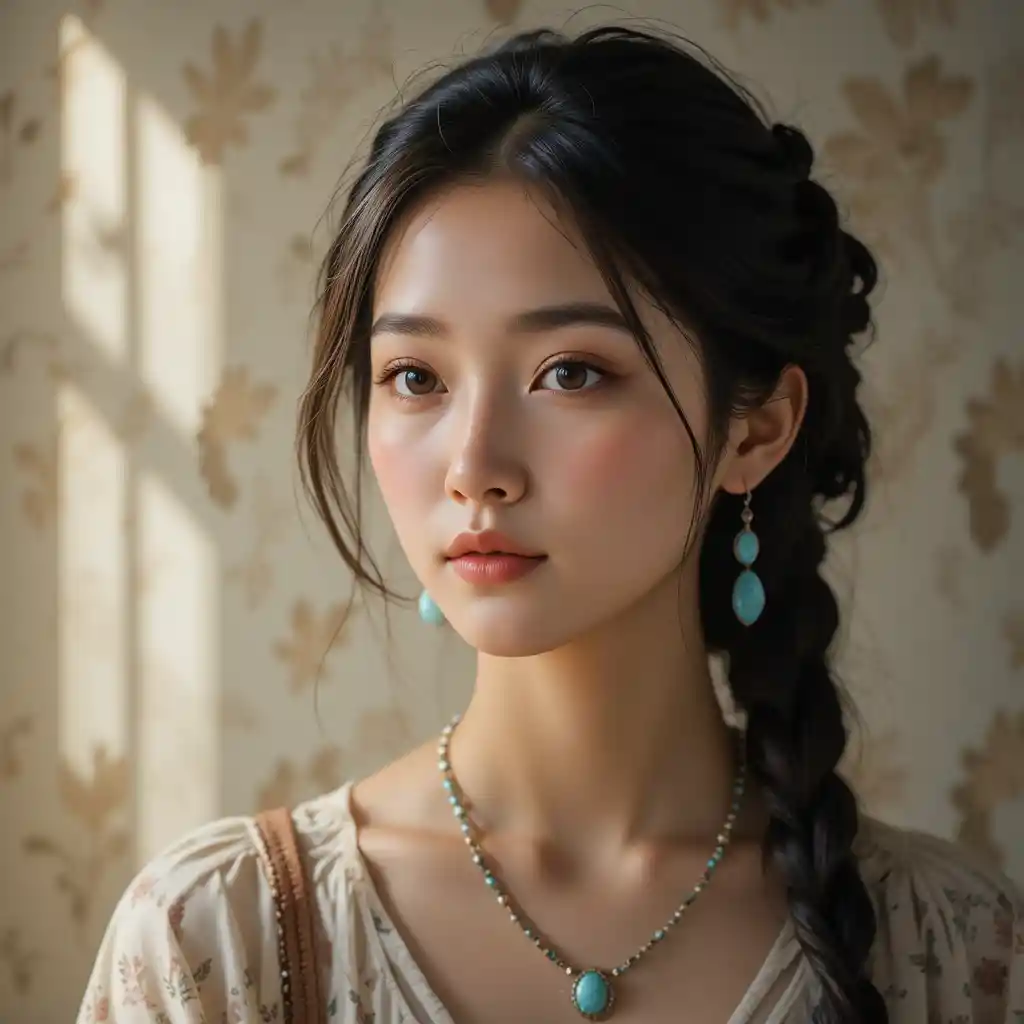 Serene portrait of young Asian woman in bohemian blouse