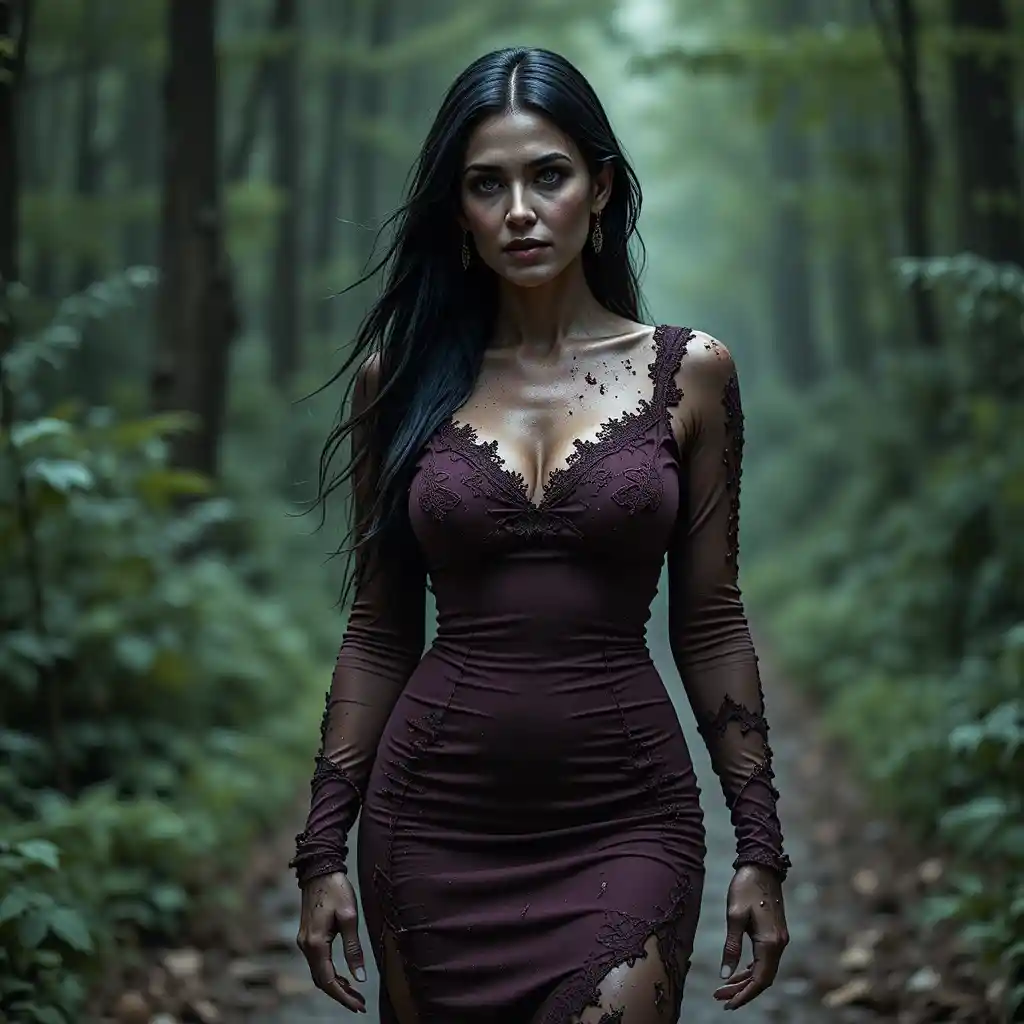 Mature woman in torn burgundy dress on forest path