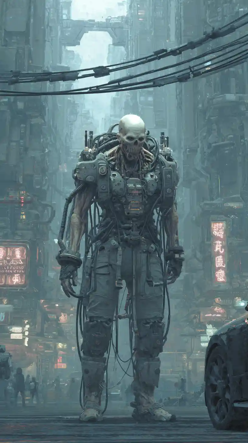 Full body cyberpunk cyborg zombie in tactical armor