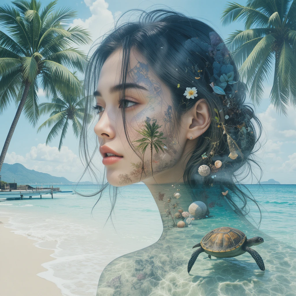 Double exposure portrait of a woman with tropical ocean