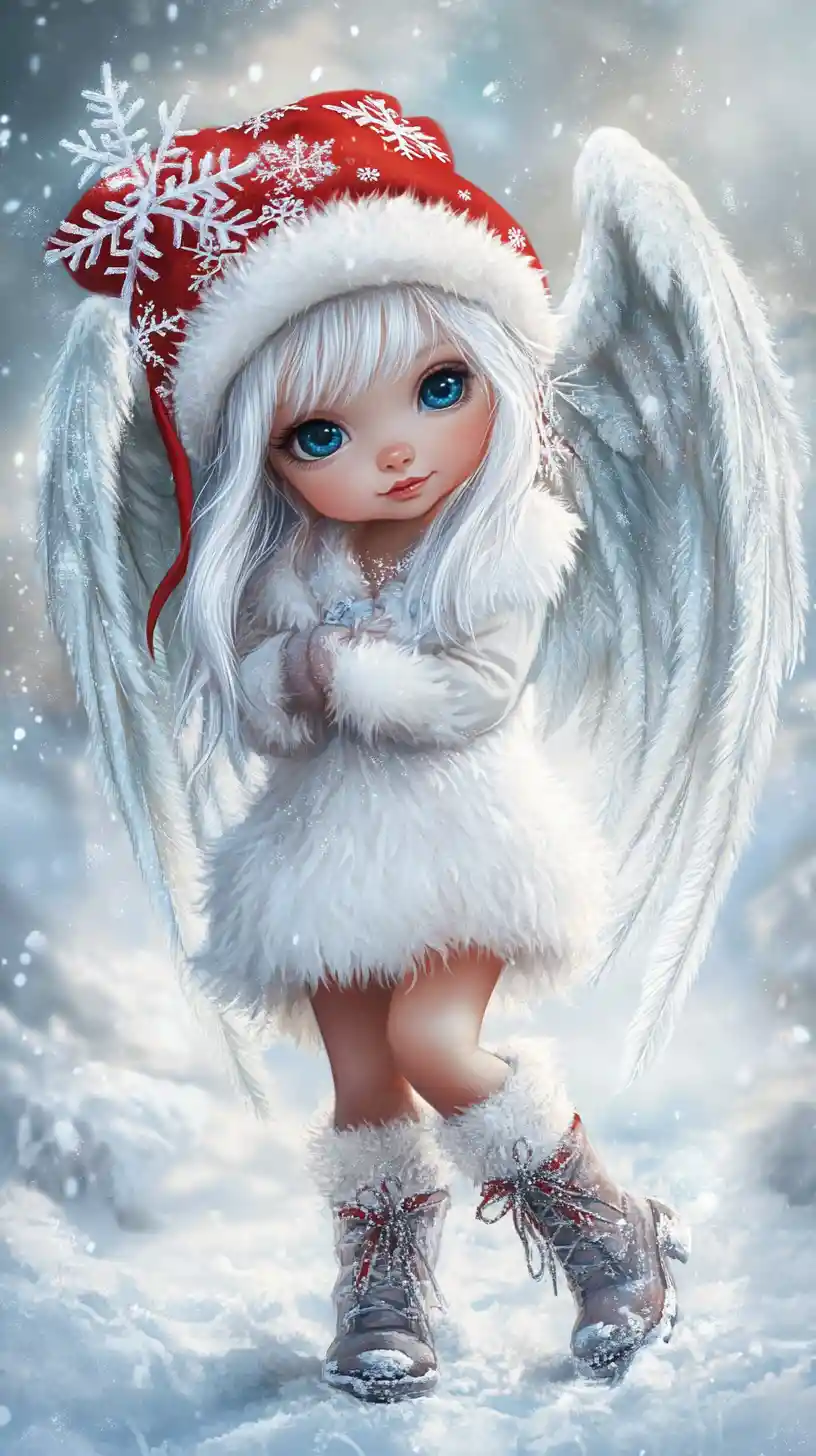 Silver haired angel girl in white fur dress
