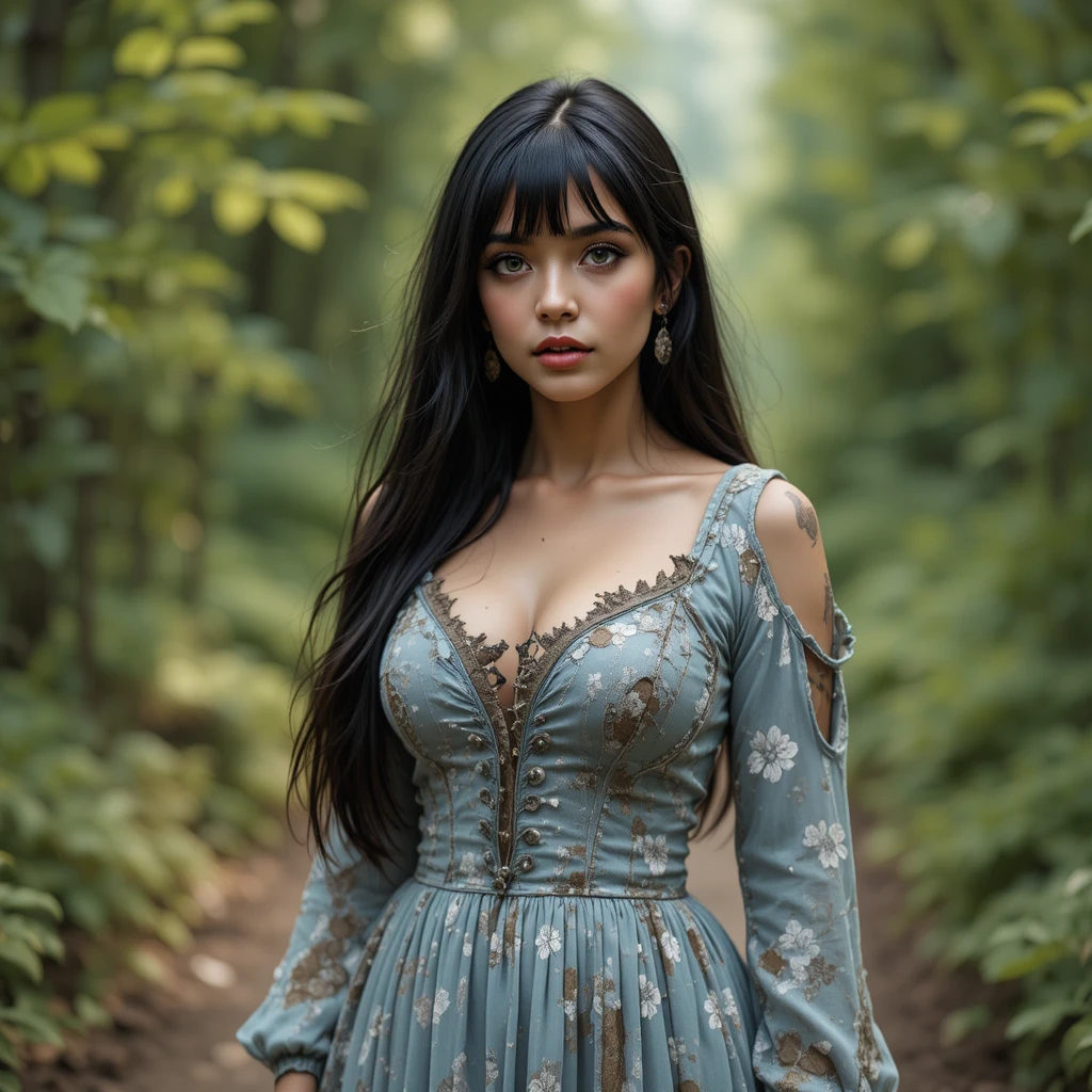 Woman in torn blue dress standing on forest path