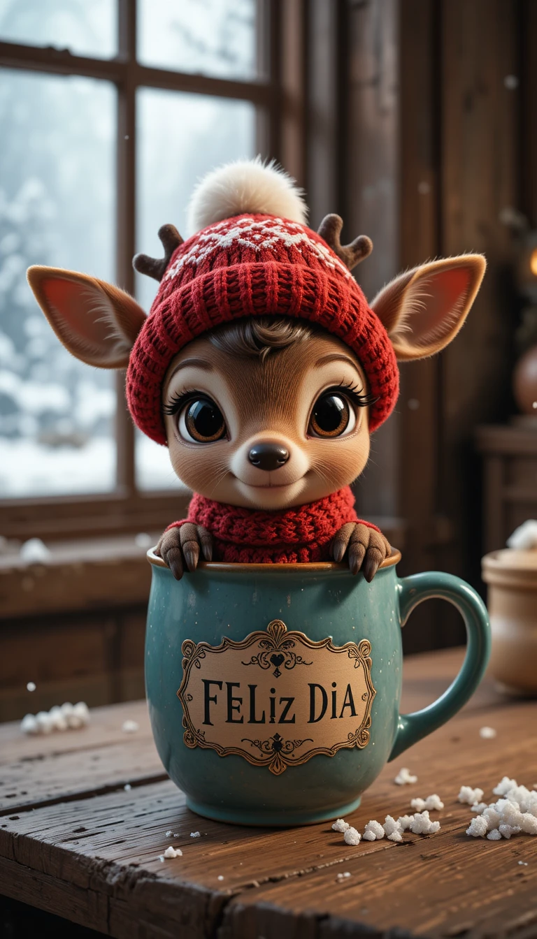 Dolce cerbiatto di renna in tazza turchese in una giornata invernale nevosa