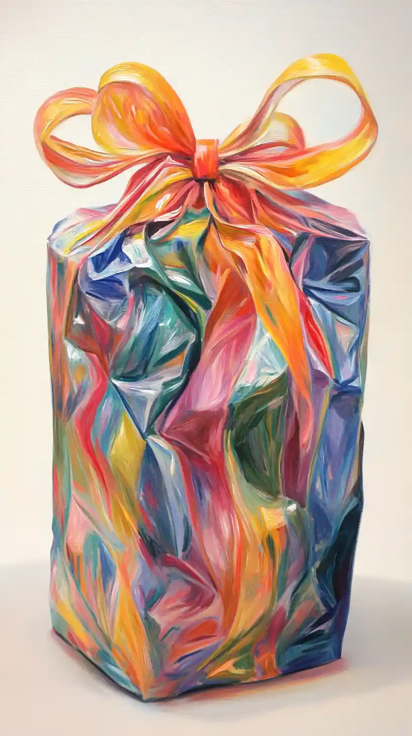 Colorful gift box with thin uneven bow painting