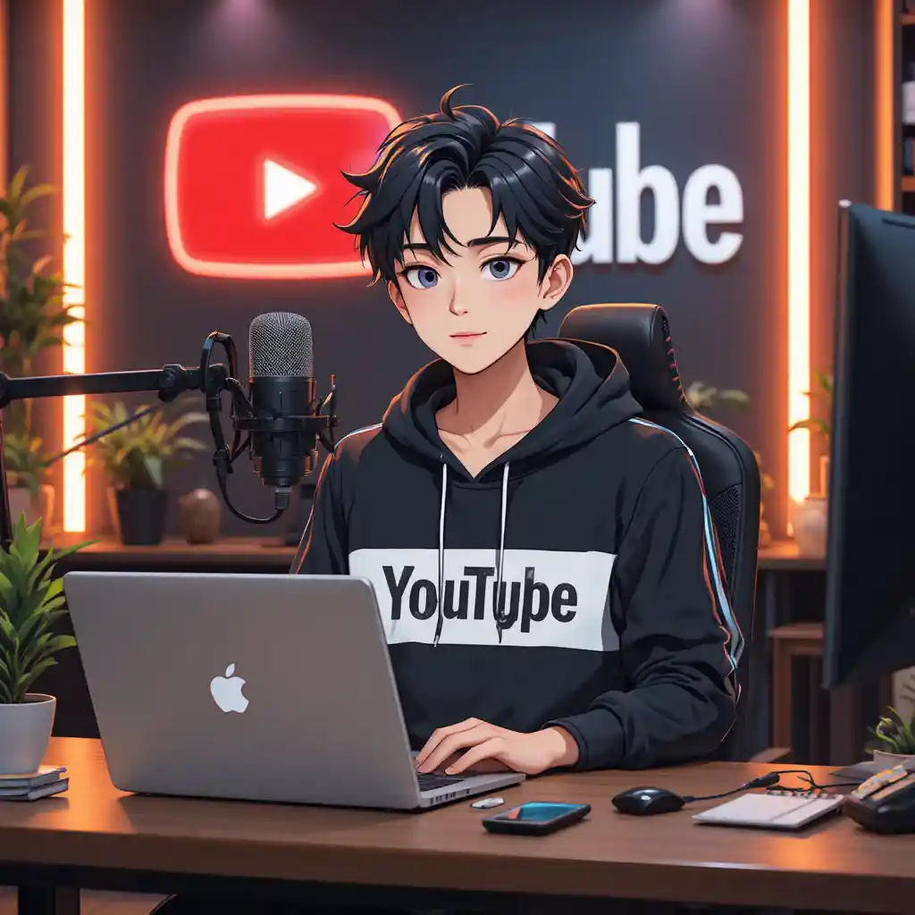 現代的なスタジオデスクのアニメ風少年YouTuberアバター
